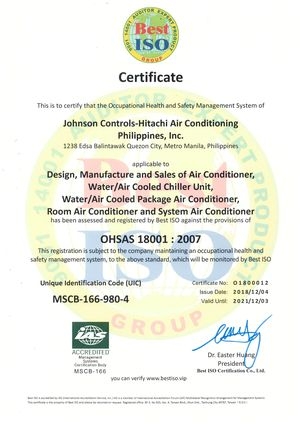 Congrats for Johnson Controls-Hitachi passed OHSAS 18001:2007 certification.