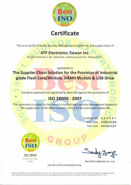 Congrats for ATP Electronics Taiwan Inc.passed ISO 28000:2007 certification.